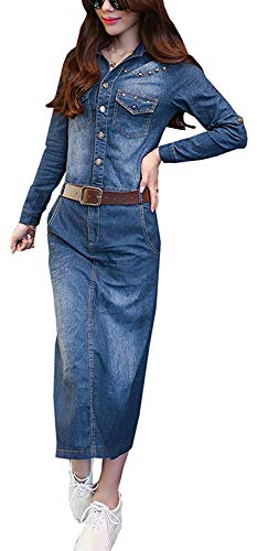 Vestido Vaquero Mujer Fashion Elegantes Manga Primavera Festival Otoño de Moda Largo De Solapa Denim Vestidos Talla Grande Casuales Tendencia Streetwear Vestido Midi Dress