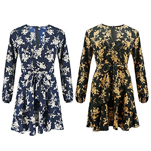 Vestidos de Mujer Vestido Floral con Volantes Casual Vestido Cruzado Manga Larga Columpio Plisado Vestido Mini Patinador (Color : Blue, Size : S)