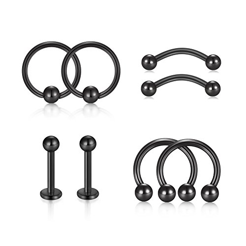 VF VFUN 16G Piercing Oreja Tragus Piercing Nariz Labio Ceja Ombligo Anillo Curvados Piercing Helix Cartilago Acero Inoxidable 8 Piezas Nergo