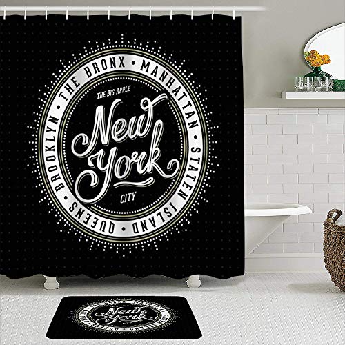 vhg8dweh Juegos de Cortinas de baño con alfombras Antideslizantes, Vintage Hipster Frame Nueva York Brooklyn Manhattan Queens Bronx Staten Island,con 12 Ganchos