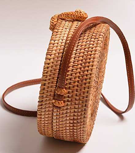 Via Moi - Bolso redondo de mimbre de ratán para mujer, con correa de piel auténtica, Beige Natural Amarillo (Beige) - Via-201806
