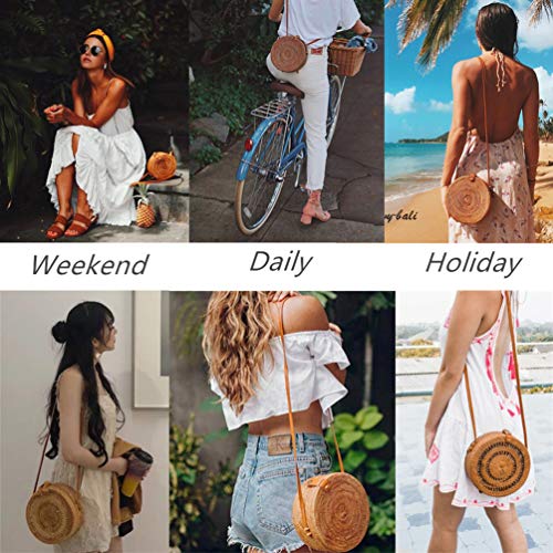 Via Moi - Bolso redondo de mimbre de ratán para mujer, con correa de piel auténtica, Beige Natural Amarillo (Beige) - Via-201806