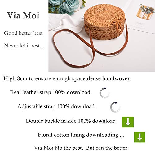 Via Moi - Bolso redondo de mimbre de ratán para mujer, con correa de piel auténtica, Beige Natural Amarillo (Beige) - Via-201806