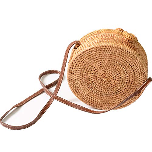 Via Moi - Bolso redondo de mimbre de ratán para mujer, con correa de piel auténtica, Beige Natural Amarillo (Beige) - Via-201806