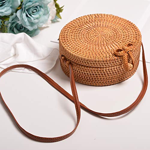 Via Moi - Bolso redondo de mimbre de ratán para mujer, con correa de piel auténtica, Beige Natural Amarillo (Beige) - Via-201806