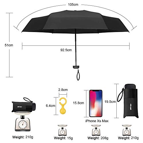 Vicloon Mini Paraguas, Paraguas de Viaje Portátil 6 Varillas con Puesto de Paraguas y 210T Negro Tela de Goma, Paraguas Plegables y Compacto, Mini Viento Paraguas 95% De Resistencia UV - Negro