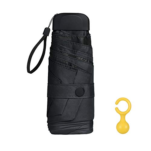 Vicloon Mini Paraguas, Paraguas de Viaje Portátil 6 Varillas con Puesto de Paraguas y 210T Negro Tela de Goma, Paraguas Plegables y Compacto, Mini Viento Paraguas 95% De Resistencia UV - Negro