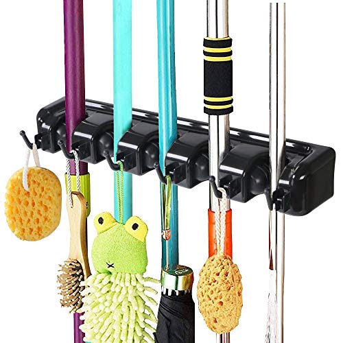 Vicloon Nuevo Colgador y Organizador de Escobas, Cepillas y Fregonas Soporte Antideslizantes de Aluminio para Fregona y Holder Broom (5 Posiciones 6 Ganchos - Negro)