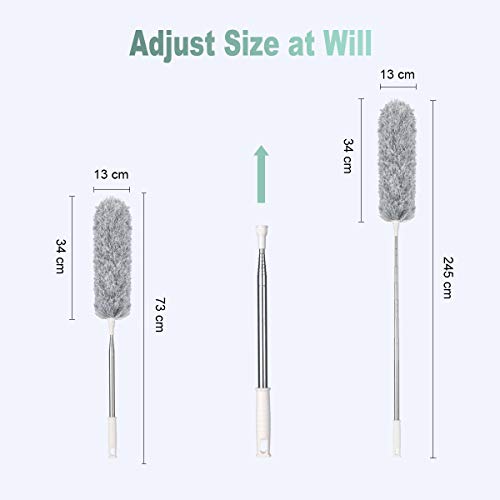 Vicloon Plumero de Limpieza, Microfibra Plumero con 2 en 1 Ranuras Cepillo de Limpieza, Extensible Ajustable Lavable con 245cm Barra Telescópica para Ventanas Persianas Muebles Coches - Gris