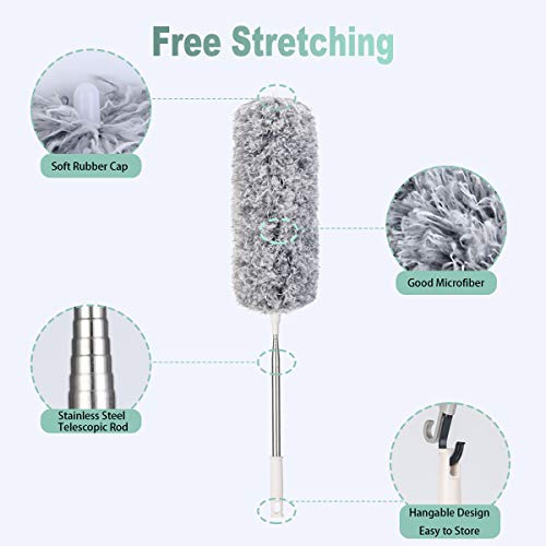 Vicloon Plumero de Limpieza, Microfibra Plumero con 2 en 1 Ranuras Cepillo de Limpieza, Extensible Ajustable Lavable con 245cm Barra Telescópica para Ventanas Persianas Muebles Coches - Gris