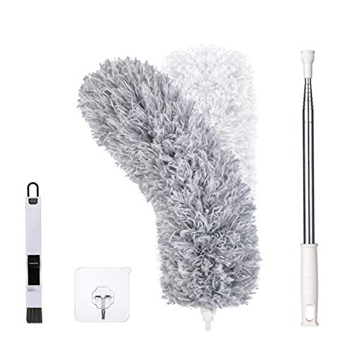Vicloon Plumero de Limpieza, Microfibra Plumero con 2 en 1 Ranuras Cepillo de Limpieza, Extensible Ajustable Lavable con 245cm Barra Telescópica para Ventanas Persianas Muebles Coches - Gris