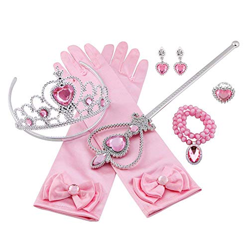 Vicloon Princesa Vestir Accesorios 8Pcs Regalo Conjunto de Belleza Corona Anillo Sceptre Collar Pendientes Guantes para Niña (Rosa)