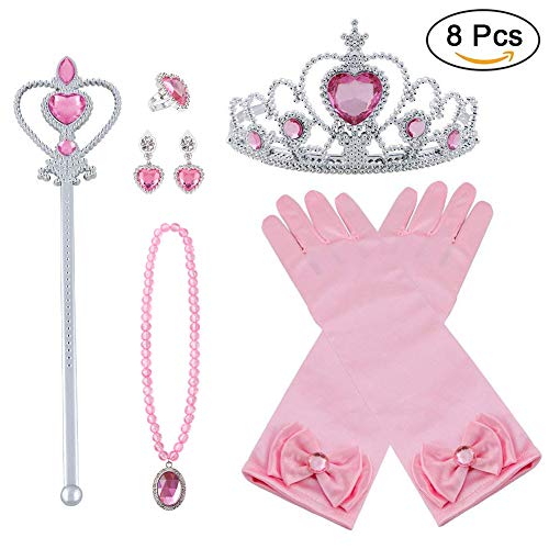 Vicloon Princesa Vestir Accesorios 8Pcs Regalo Conjunto de Belleza Corona Anillo Sceptre Collar Pendientes Guantes para Niña (Rosa)