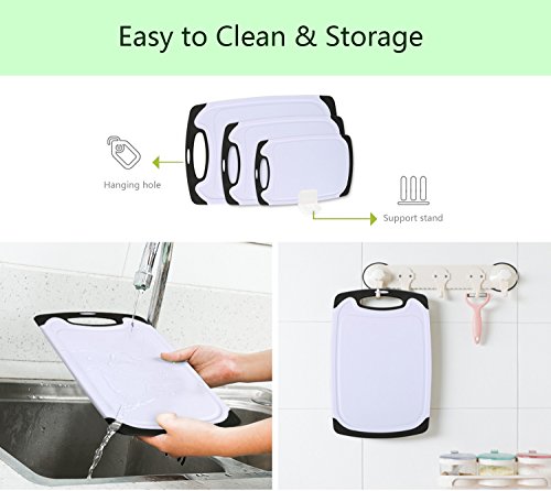 Vicloon Tablas de Cortar de Plástico, Juego de Tabla de Cortar de Seguro Reversible Establecen con Profundo Goteo Jugo de Ranura, Apta para Lavavajillas,Libres de BPA (Blanco, Juego de 3 Unidades）