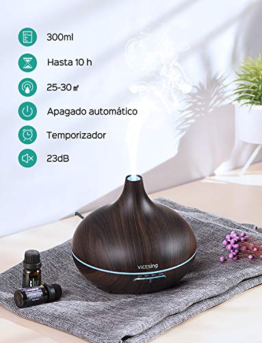 VicTsing 300ml Difusor de Aceites Esenciales, Difusor Aromaterapia de 7-Color LED, Función de Apagado Automático,Humidificador Ultrasónico Cool Mist sin BPA para Dormitorio Hogar, Marrón