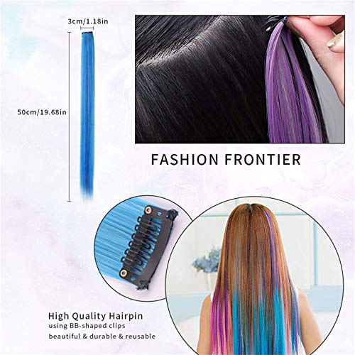 Viesap Extensiones De Cabello, 15 Pcs Arco Iris Clip De Color Pelucas Lacio Clip Sintético Hair Extensions Accesorios De Pelo Diy Decoración Cosplay Fiestas Party, Morado, Azul, Etc.