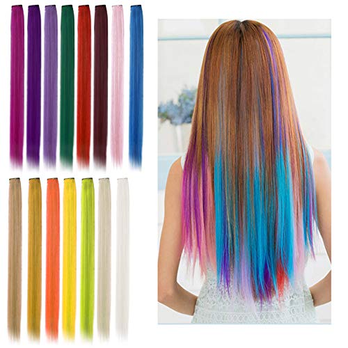 Viesap Extensiones De Cabello, 15 Pcs Arco Iris Clip De Color Pelucas Lacio Clip Sintético Hair Extensions Accesorios De Pelo Diy Decoración Cosplay Fiestas Party, Morado, Azul, Etc.