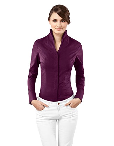 Vincenzo Boretti Camisa de Mujer Elegante y clásica, Ligeramente más angosta (Modern-fit), 100% algodón, Manga-Larga, Cuello cáliz, Lisa - no Necesita Plancha Berenjena 36
