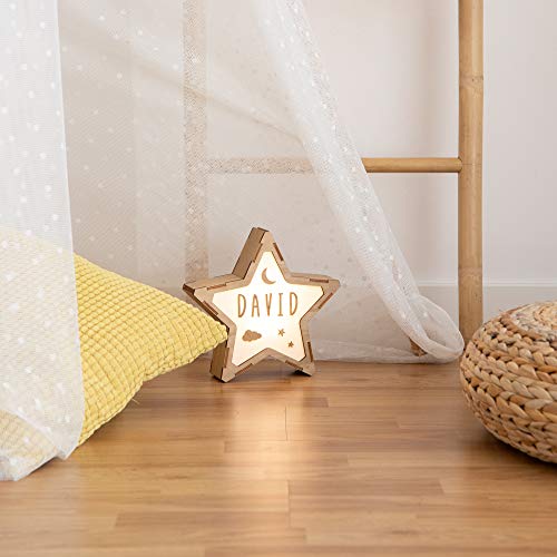 VINTIUN Lampara Infantil Quitamiedos para Niños/Bebé en forma de Estrella. Luz Nocturna Personalizable con Tu Nombre (Corriente)