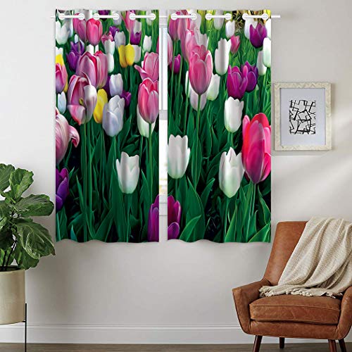 Violetpos 160 x 110 cm hermosa tulipa flor rosa blanco verde cortinas opacas juego de 2 cortinas opacas opacas con ojales para dormitorio salón