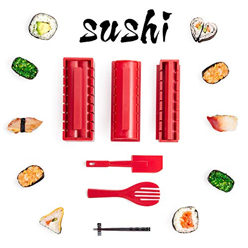 Virklyee Sushi Maker kit 10pcs 5 Formas únicas de Kit para Hacer Sushi Molde Inicio Hacer Sushi Kit Sushi kit del fabricante Fácil y divertido DIY Set de Sushi Roll arroz rollo molde (Rojo)