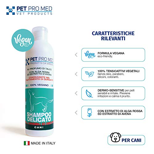 VIROSAC 140196 - Champú Suave 100% Vegano, dermosensible para Perros Pet Pro Med. Paquete de 250 ml de pH Neutro con Alga roja y extracto de Avena