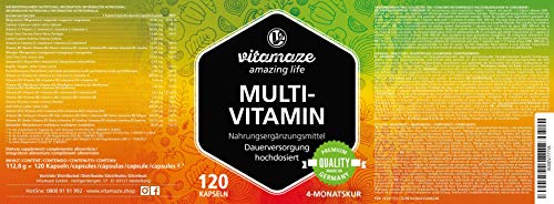 Vitamaze® Multivitaminas de Dosis Alta Cápsulas, 23 Valiosas Vitaminas Completas de la A-Z y Minerales y Oligoelementos, 120 Cápsulas Vegetarianas para 4 Meses, Suplemento sin Aditivos Innecesarios