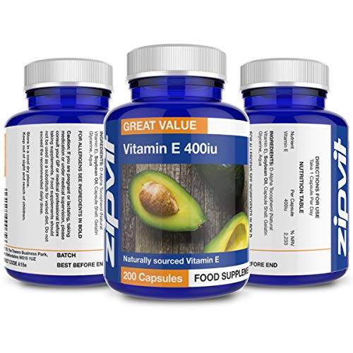 Vitamin E 400iu, 200 Softgels. Natural Vitamin E (d-Alpha Tocopherol). Powerful Antioxidant, Protects Cells from Oxidative Stress.