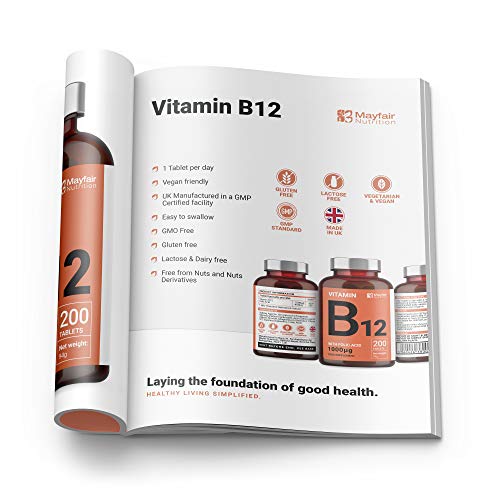 Vitamina B12 con ácido fólico | 200 tabletas de primera calidad de 1400 mg | Suplemento vegetariano y vegano | No OGM y sin gluten | Suministro para 6 meses | Hecho en UK por Mayfair Nutrition