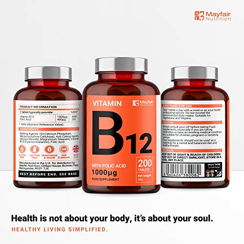 Vitamina B12 con ácido fólico | 200 tabletas de primera calidad de 1400 mg | Suplemento vegetariano y vegano | No OGM y sin gluten | Suministro para 6 meses | Hecho en UK por Mayfair Nutrition