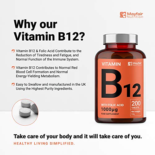 Vitamina B12 con ácido fólico | 200 tabletas de primera calidad de 1400 mg | Suplemento vegetariano y vegano | No OGM y sin gluten | Suministro para 6 meses | Hecho en UK por Mayfair Nutrition