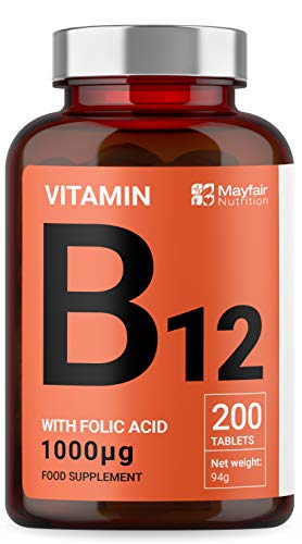 Vitamina B12 con ácido fólico | 200 tabletas de primera calidad de 1400 mg | Suplemento vegetariano y vegano | No OGM y sin gluten | Suministro para 6 meses | Hecho en UK por Mayfair Nutrition