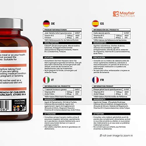 Vitamina B12 con ácido fólico | 200 tabletas de primera calidad de 1400 mg | Suplemento vegetariano y vegano | No OGM y sin gluten | Suministro para 6 meses | Hecho en UK por Mayfair Nutrition