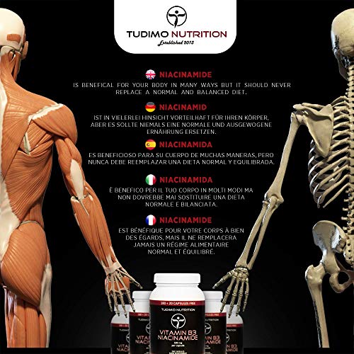 Vitamina B3 500 mg de Nicotinamida Flush Free 200 pzas (6+ Meses de Provisión) de Cápsulas de Desintegración Rápida, cada una con 500mg de polvo de Niacinamida de Calidad Premium, de TUDIMO