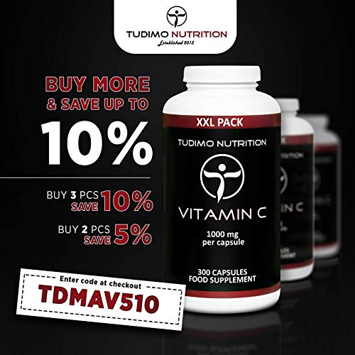 Vitamina C 1000 mg – 300 pzas (10 Meses de provisión) de Cápsulas de Desintegración Rápida, 1000mg de Calidad Premium y de Polvo de Ácido Ascórbico Puro en Paquete Familiar XXL, de TUDIMO