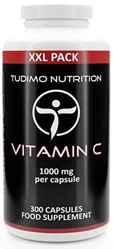 Vitamina C 1000 mg – 300 pzas (10 Meses de provisión) de Cápsulas de Desintegración Rápida, 1000mg de Calidad Premium y de Polvo de Ácido Ascórbico Puro en Paquete Familiar XXL, de TUDIMO