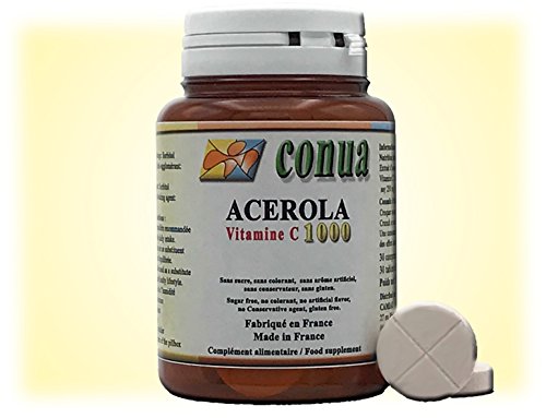 Vitamina C 1000 mg acerola natural divisible en 2 o 4 que contiene 250 mg 25% Vitamina C 30 Tabletas masticables Sin azúcar, sin colorantes, sin sabor artificial, sin conservantes, sin gluten.