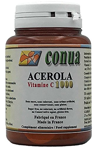 Vitamina C 1000 mg acerola natural divisible en 2 o 4 que contiene 250 mg 25% Vitamina C 30 Tabletas masticables Sin azúcar, sin colorantes, sin sabor artificial, sin conservantes, sin gluten.