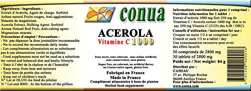 Vitamina C 1000 mg acerola natural divisible en 2 o 4 que contiene 250 mg 25% Vitamina C 30 Tabletas masticables Sin azúcar, sin colorantes, sin sabor artificial, sin conservantes, sin gluten.