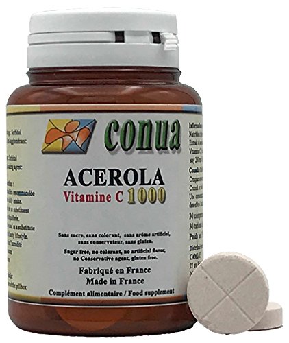 Vitamina C 1000 mg acerola natural divisible en 2 o 4 que contiene 250 mg 25% Vitamina C 30 Tabletas masticables Sin azúcar, sin colorantes, sin sabor artificial, sin conservantes, sin gluten.