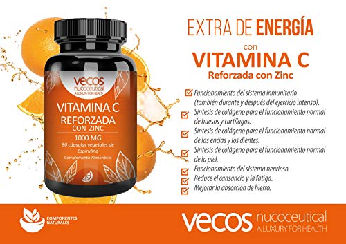 Vitamina C 1000 Mg con zinc para reforzar el sistema inmunológico – Antioxidante natural para proteger nuestro organismo contra los radicales libres – cápsulas vegetales espirulina aptas veganos (90)