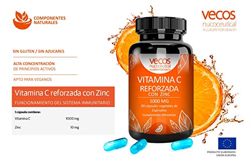 Vitamina C 1000 Mg con zinc para reforzar el sistema inmunológico – Antioxidante natural para proteger nuestro organismo contra los radicales libres – cápsulas vegetales espirulina aptas veganos (90)