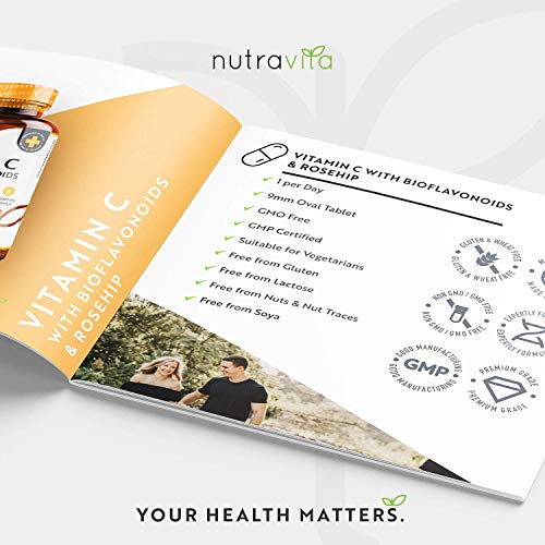 Vitamina C de 1000 mg con Bioflavonoides y Rosa Mosqueta - 180 Comprimidos Veganos - Suministro para 6 Meses - Contribuye al Mantenimiento Adecuado del Sistema Inmunitario - Elaborado por Nutravita