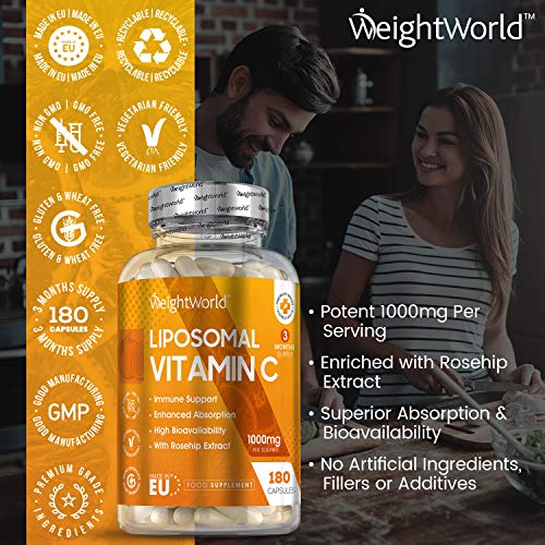 Vitamina C Liposomal 1000mg Con Rosa Mosqueta 180 Cápsulas - Refuerza Sistema Inmunológico, Vitamina C Pura de Alta Absorción, Antioxidante Natural, Reduce Cansancio Y Fatiga, Con Ácido Ascórbico