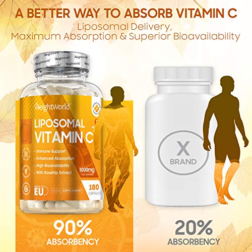 Vitamina C Liposomal 1000mg Con Rosa Mosqueta 180 Cápsulas - Refuerza Sistema Inmunológico, Vitamina C Pura de Alta Absorción, Antioxidante Natural, Reduce Cansancio Y Fatiga, Con Ácido Ascórbico