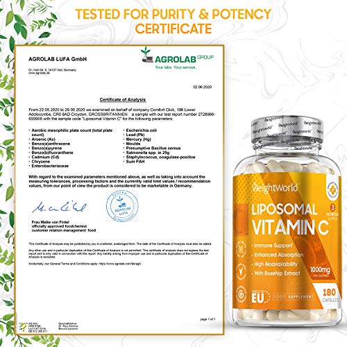 Vitamina C Liposomal 1000mg Con Rosa Mosqueta 180 Cápsulas - Refuerza Sistema Inmunológico, Vitamina C Pura de Alta Absorción, Antioxidante Natural, Reduce Cansancio Y Fatiga, Con Ácido Ascórbico