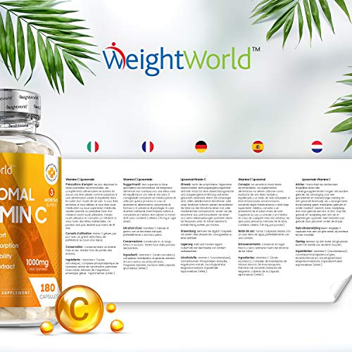 Vitamina C Liposomal 1000mg Con Rosa Mosqueta 180 Cápsulas - Refuerza Sistema Inmunológico, Vitamina C Pura de Alta Absorción, Antioxidante Natural, Reduce Cansancio Y Fatiga, Con Ácido Ascórbico