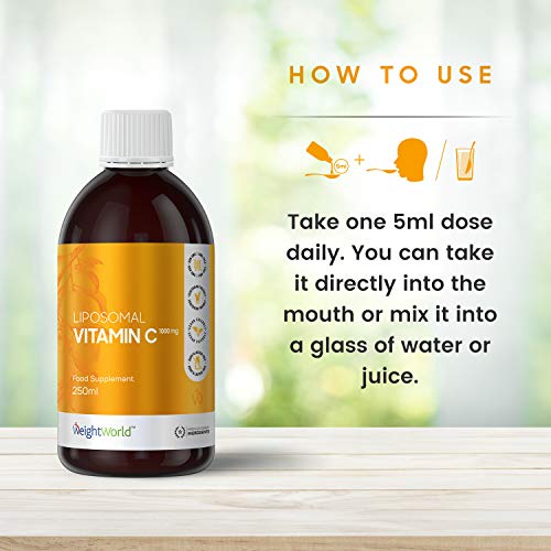 Vitamina C Liposomal 1000mg Líquida 250ml Vegana - Aumenta los Niveles de Energía, Vitamina C Pura de Alta Absorción, Reduce Cansancio y Fatiga, Potente Antioxidante, Con Ácido Ascórbico Natural