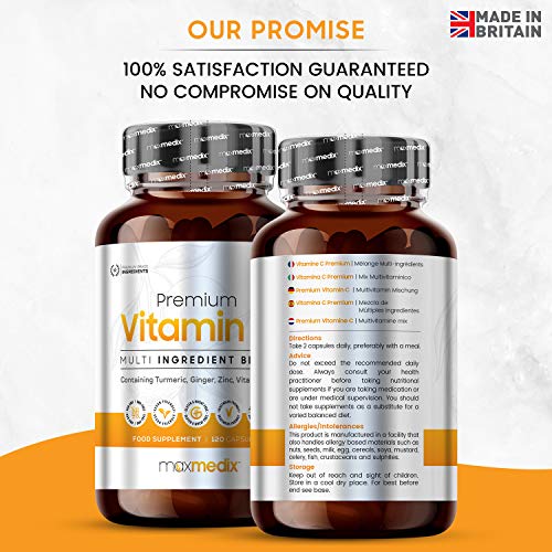 Vitamina C Premium Dosis Alta de Vitamina C, Zinc, Selenio y Hierro - Multivitaminas y Minerales, Estimula Sistema Inmunológico, Disminuye Cansancio, Con Jengibre y Ajo Negro, 120 Cápsulas Veganas