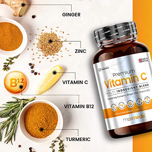 Vitamina C Premium Dosis Alta de Vitamina C, Zinc, Selenio y Hierro - Multivitaminas y Minerales, Estimula Sistema Inmunológico, Disminuye Cansancio, Con Jengibre y Ajo Negro, 120 Cápsulas Veganas